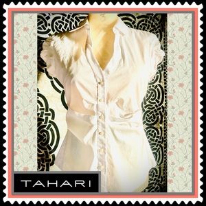 Tahari White Ruched Short-Sleeve Button-Down & Collared Blouse